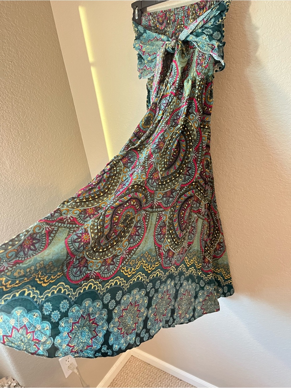 Jane Josef XS Boho Strapless Maxi Dress Teal Paisley Mandala Festival - Picture 3 of 10